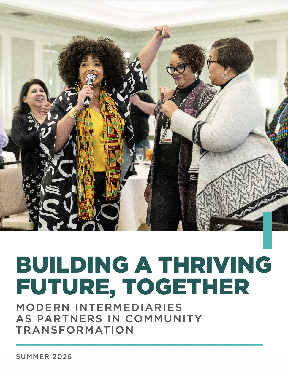 Cover of BUILD Report featuring three women talking together. 